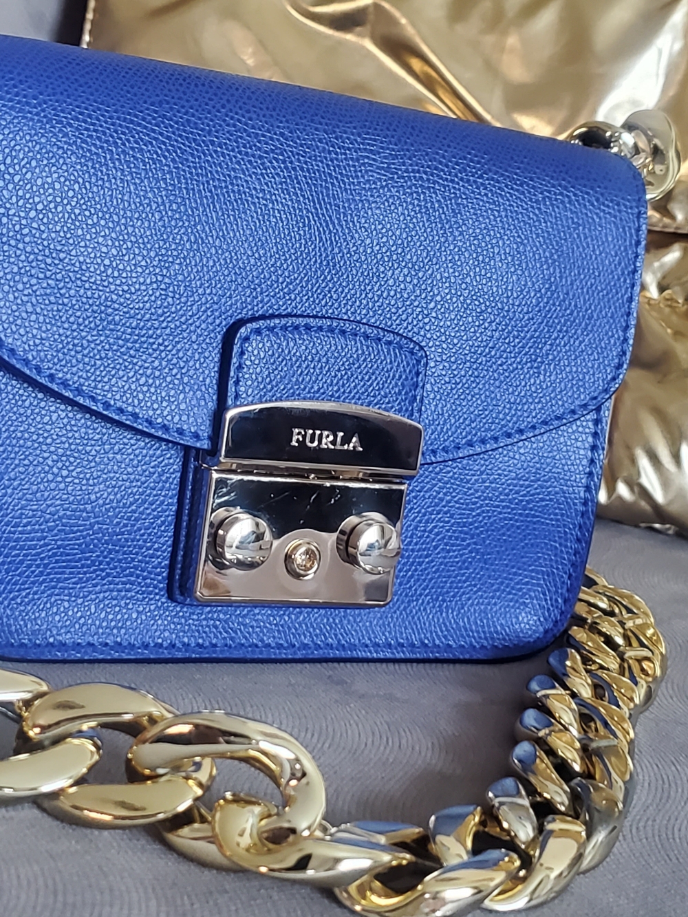 Furla Italy Royal Blue Leather Shoulder  with Gold Chain Authentic Womens